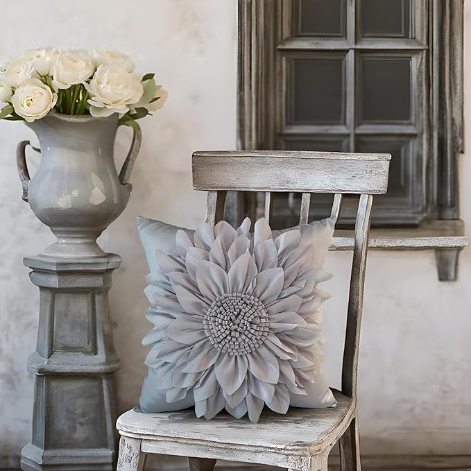 Grey Accent 3D Flower Decorative Throw Pillow Covers for Bed Sofa Couch | Bella's Giftshop Handmade Sunflower Taffeta Pillow Cases Living Room Bedroom Decor, 18x18 Inch