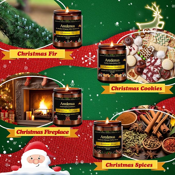 Christmas Candles Set | 4 Pack Holiday Scented Candle - 28oz Soy Candles for Home Scented - Seasonal Candle Gifts for Women and Men - Xmas Scents of Fir/Spices/Cookies/Fireplace