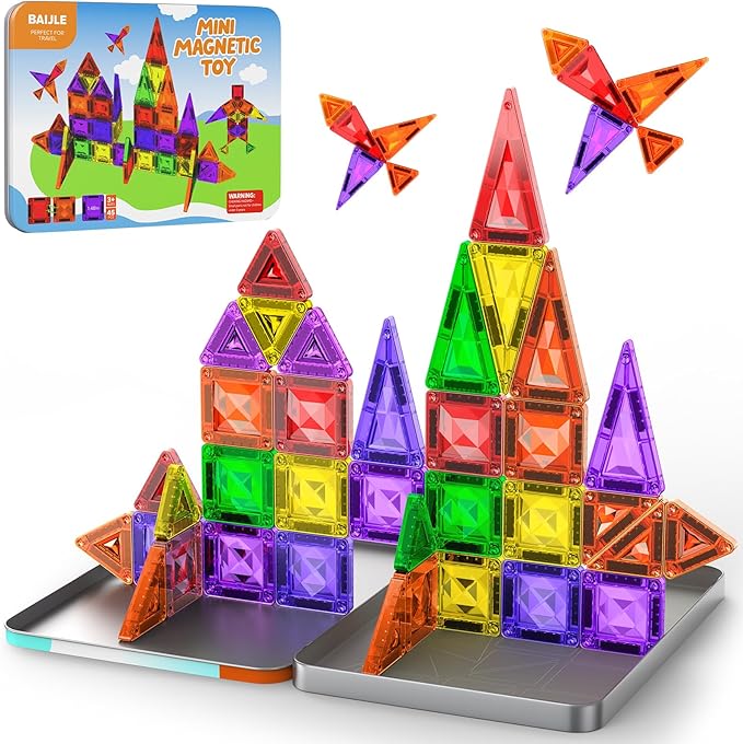 Mini Magnetic Tiles for Kids Ages 4-8, 45PCS Diamond Pattern Magnetic Tiles Travel Set with Case, Portable Building Toys Creativity Boosting Sensory Toys for Toddler Boys Girls Halloween Birthday Gift
