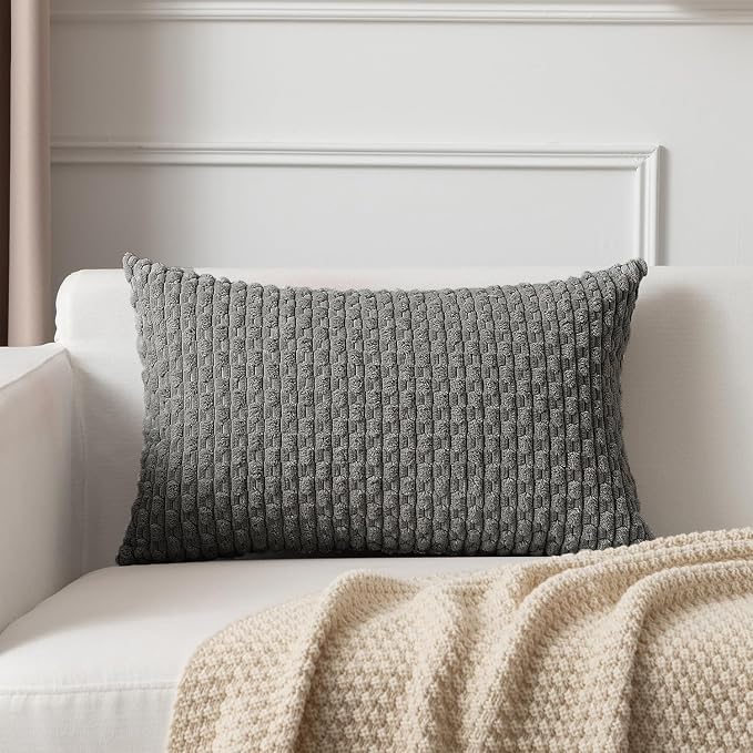 Kevin Textile Soft Corduroy 16"x24" Lumbar Pillow Cover 1 Pack, Dark Grey | Boho Stripe Plush Corduroy Decorative Oblong Cushion Cover Modern Farmhouse Home Decor for Sofa Couch Bed Chair