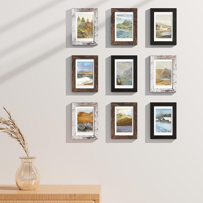 Vittanly 4x6 Picture Frames Set of 9, Black&Brown&Distressed White | Display Pictures 3.5x5 with Mat or 4x6 without Mat, Small Photo Frames, Engineered Wood with Shatter Resistant Plexiglass