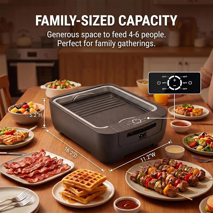 Indoor Smokeless Grill & Griddle 1100W Electric Gill Korean BBQ Smoke Control with Fan Temperature Control Non-Stick Plate with Drain Holes Easy to Clear for Apt Dorm Portable Tabletop 5-Serving