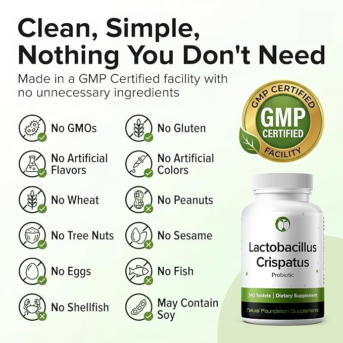 Lactobacillus Crispatus Probiotic 240 Tablets (4 Month Supply) – Researched Strain LCR86 – 3 Billion CFU – Digestive & Vaginal Health Support – GMP Certified (240, Lactobacillus Crispatus)
