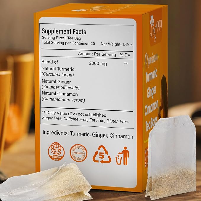 TOG999, Premium 10 Tea Bags Turmeric, Ginger, Cinnamon, 100% Natural, Hand-made Blend of Turmeric, Ginger, and Cinnamon Herbal Tea. Eco-conscious Tea Bags. No Sugar, No Caffeine, No Gluten, Vegan.