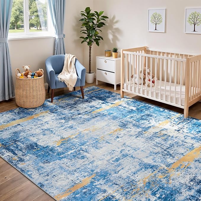 Rugflix 5x7 Area Rugs for Living Room, Washable Sky Blue Gold Large Rug | Machine Washable; Stain-Resistant; Low Pile; Non-Slip; Modern Abstract; Carpet for Bedroom Dining Office Nursery Home