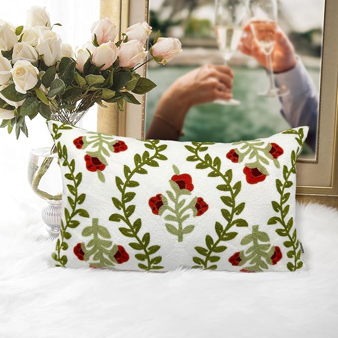 Alysheer Floral Embroidered Summer Lumbar Decorative Throw Pillow Cover 12"x 20", Farmhouse Cottage Red Flowers Green Leaves Patterned Cotton Canvas Cushion Case for Sofa Couch Bed Living Room Decor