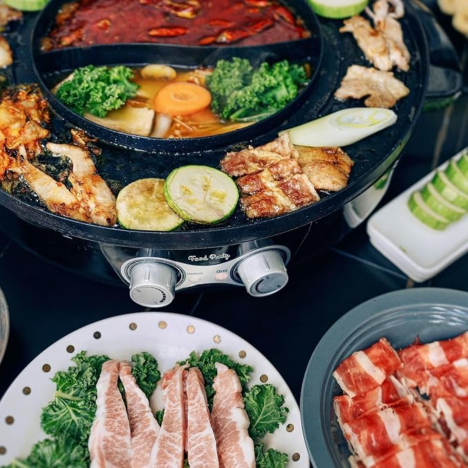 Food Party Hot Pot Electric Korean BBQ Grill Combo Hotpot Smokeless Indoor Grill 16.5" Detachable Easy Cleaning 110V 1800W Shabu Shabu Pot with Divider