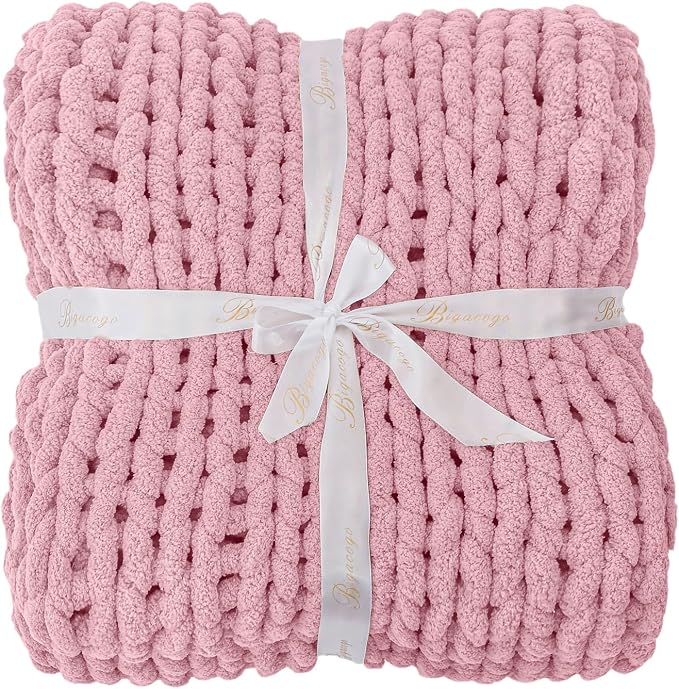 Bigacogo Chunky Knit Throw Blanket for Couch, 40x60 inches, Blush Pink | Hand Knit with Jumbo Chenille, Soft Breathable Cable Knit for Sofa Bed Living Room, Machine Washable, Gift for Mom Friend
