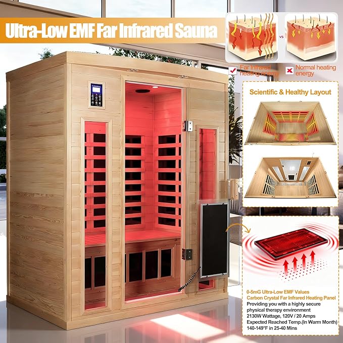 3 Person Infrared Sauna 0-5mG Ultra Low EMF Far Infrared Sauna for Home 2130W/20A Canadian Hemlock Indoor Sauna with Front Door Heating Panel, Chromotherapy Lights