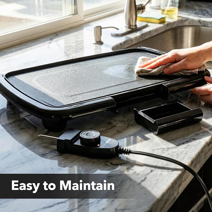 OVENTE Electric Griddle with 16 x 10 Inch Non-Stick Plate, Black GD1610B | Removable and Adjustable Temperature Control, Indoor Grill perfect for Instant Breakfast, Pancakes, Eggs or Burgers