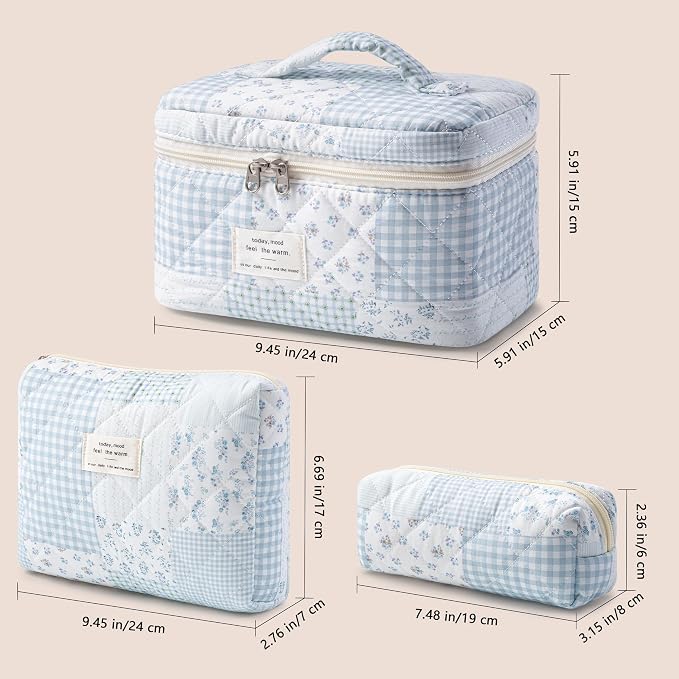 HBselect Quilted Makeup Bag, 3PCS Cotton Large Travel Makeup Bag, Cute Floral Coquette Make up Bag Cosmetic Bag Toiletry Bag for Women Girls