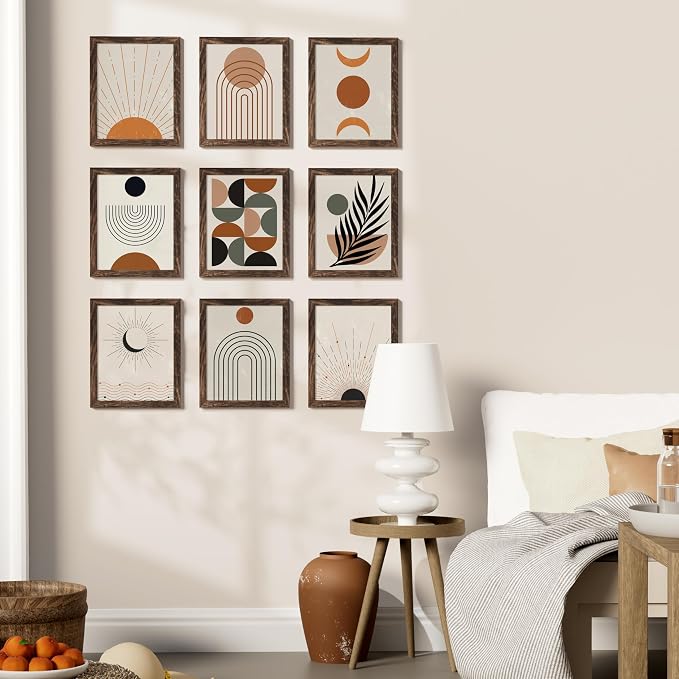 Vittanly 8x10 Picture Frames Set of 9, Shatter Resistant Plexiglass, Display 5x7 Pictures with Mat or 8x10 without Mat, Photo Frames for Wall or Tabletop, Engineered Wood, Brown