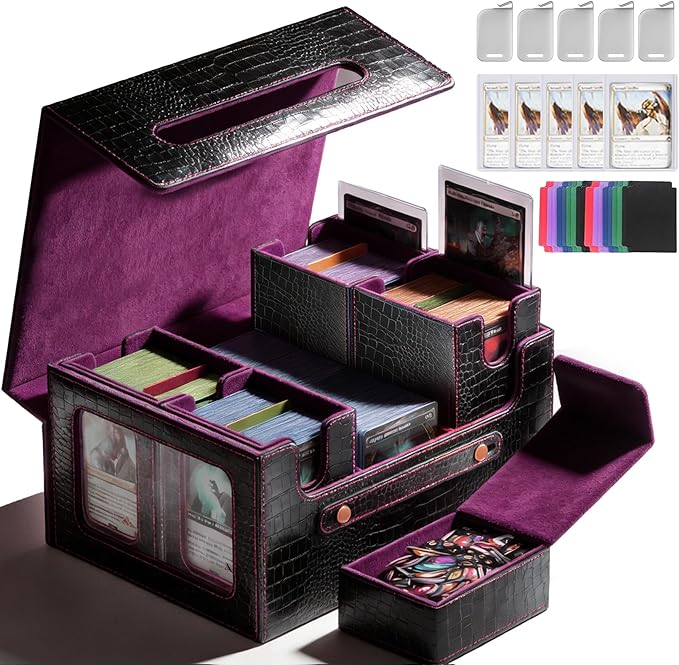 MTG Commander Deck Box, 4-in-1 Trading Card Storage Case fits 400+ Double Sleeved Cards, Premium PU Leather Deck Box MTG with Display Window & 4 Detachable Cases - Black & Red