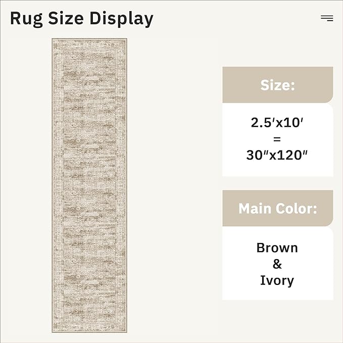 Soalmost Hallway Runner Rug 2'6"x10' Non-Slip Runners for Kitchen Brown | Washable Vintage Long Rugs 2.5x10ft Bathroom, Thin Low Pile Foldable 10ft Floor Carpet Mat for Entryway Corridor Bedroom