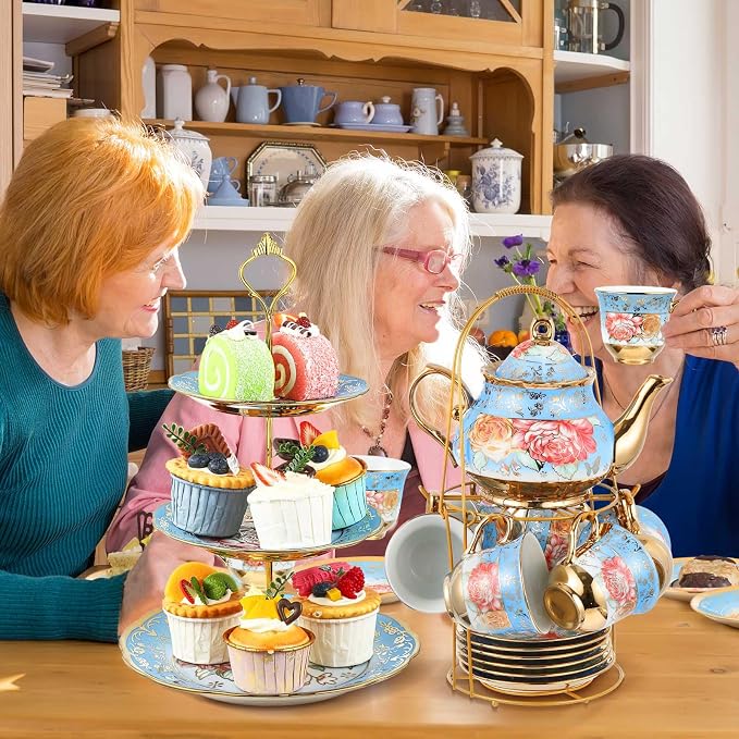 Maxcheck 21 Pcs Porcelain Tea Set for Women Tea Party with Metal Holder and 3 Tier Cake Stand Ceramic European Floral Teapot Set for Adults Mother's Day Christmas Thoughtful Gift(Advanced Style)