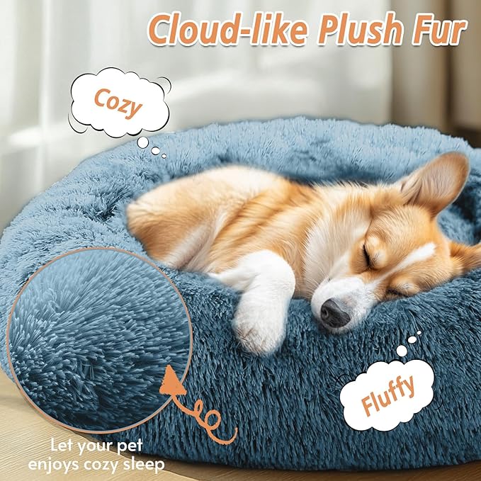 JOLLYVOGUE Calming Dog & Cat Bed for Small Dogs, Anti-Anxiety Donut Cuddler Cozy Soft Round Bed with Anti-Slip Bottom, Fluffy Faux Fur Plush Cushion Beds for Small Medium Pets (20")