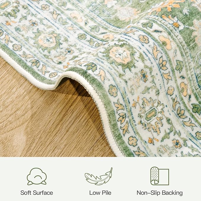 8x10 Area Rugs for Living Room, Washable Large Carpet, Light Green | Soft Rug for Bedroom, Dining Room, Home Office, Indoor, Nursery, Stain Resistant, Non-Slip, Low Pile,Vintage Distressed Rug