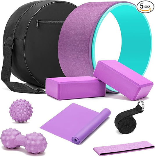 All in One Yoga Wheel Set, Soft Foam Roller Wheel for Back Pain & Stretching, Yoga Blocks 2 Pack with Strap, Trigger Point Therapy Massage Ball for Deep Tissue, Yoga Starter Kit for Beginner