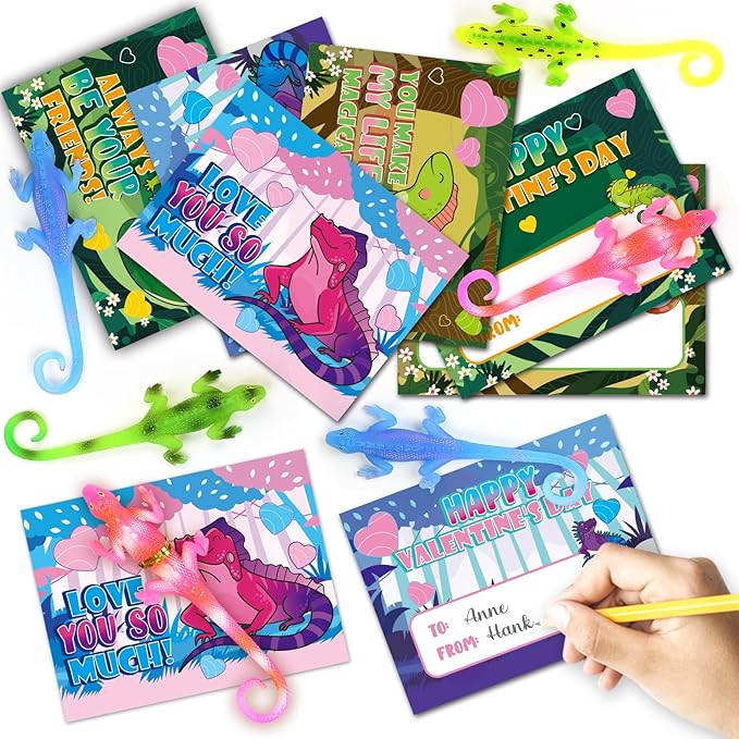 24PCS Valentines Day Cards for Kids School Classroom Exchange, Valentine's Day Gift Cards with Change Color Lizard Toys, Valentines Greeting Cards Bulk for Kids School Classroom Exchange