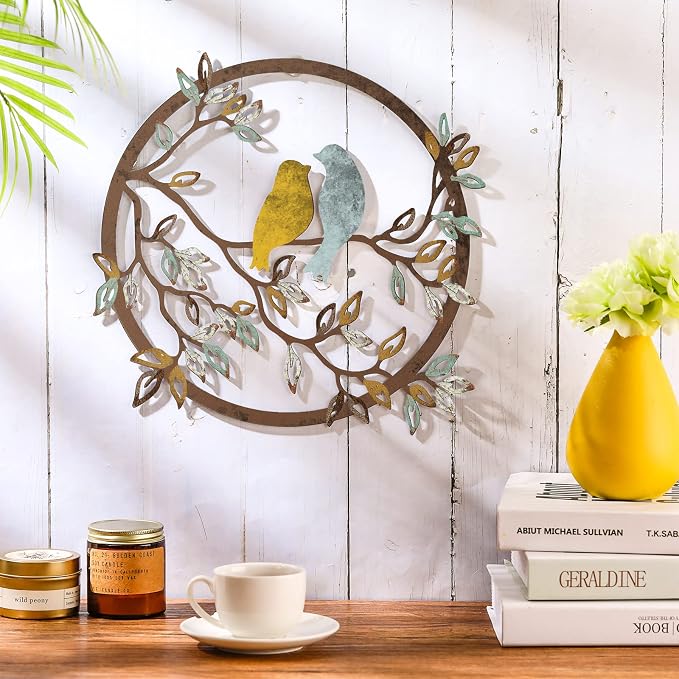 Ferraycle Metal Wall Art Bird on Tree Branch Silhouette Bird Hanging Ornament Porch Wall Decor for Living Room Outdoor Garden Bedroom Office Housewarming Party Decoration(Trendy Color)