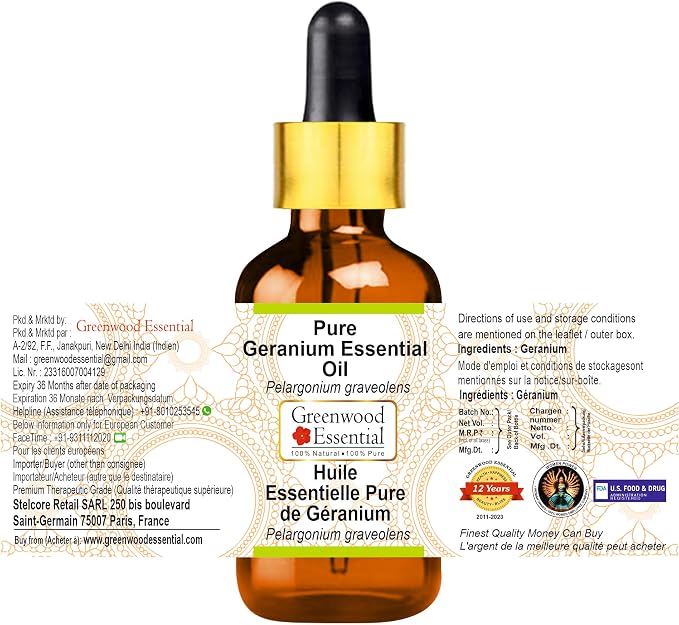 Greenwood Essential Pure Geranium Essential Oil (Pelargonium graveolens) with Glass Dropper Steam Distilled 30ml (1.01 oz)