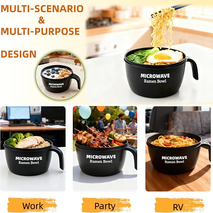 Layron Ramen Cooker Bowl - 45 oz Microwaveable Noodle Bowl Ramen in few Minutes- BPA Free and Dishwasher Safe Set with Chopsticks Perfect for Dorm, Small Kitchen, or Officee (black)