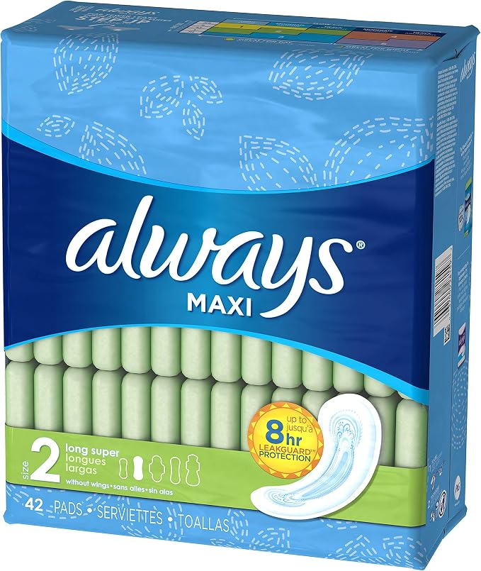 Always Maxi Size 2 Super Pads for Women, Without Wings, Unscented, 42 Count - Pack of 4 (168 Count Total)