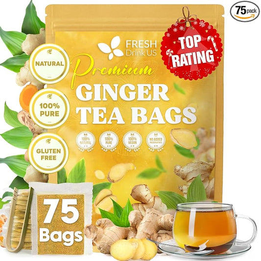 75 Ginger Tea Bags, 100% Natural & Pure from Ginger. Ginger Herbal Tea. Ginger Root Tea. No Sugar, No Caffeine, No Gluten, Vegan.