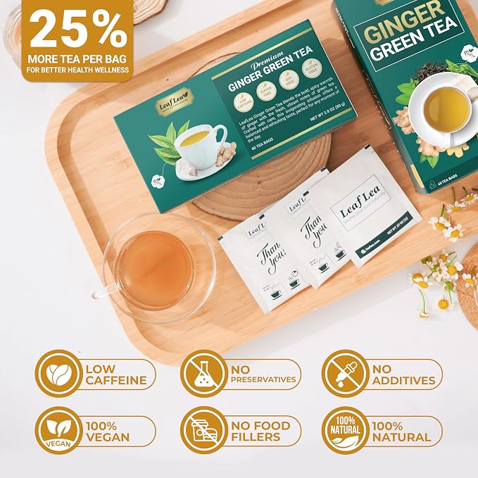 LeafLea Herbal Green Tea With Ginger, Digestion & Immune Support, 160 Count | Bulk Ginger Green Tea Blend, Best-Value Stock-Up, Stevia-Sweetened, Low Caffeine, Foil-Sealed Bags