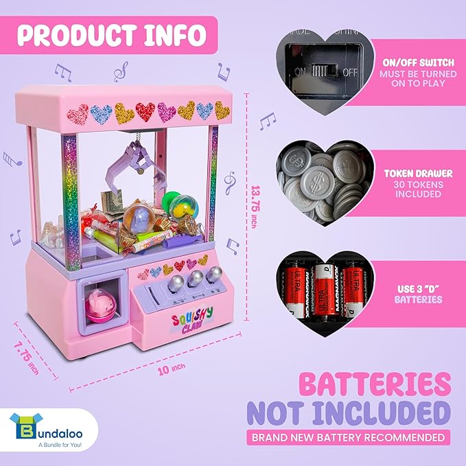 Bundaloo Squishy Claw Machine Arcade Game Candy Grabber Prize Dispenser with 3 Squishy Toys and Reusable Capsules