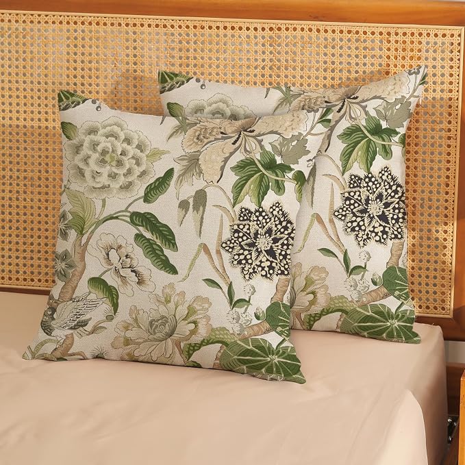 Green Pillow Covers 20x20 Inch Set of 2 Vintage Green Floral Throw Pillows Chinoiserie Flower Decorative Pillow Cases Outdoor Linen Farmhouse Cushion Covers for Couch Sofa Decorations