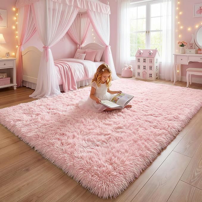 Amdrebio Light Pink Fluffy Fuzzy Area Rug 4x6 for Girls Bedroom Kids Room | Shag Plush Furry Shaggy Carpet, Nursery Classroom Preppy Dorm Playroom Decor, Cute Princess Aesthetic, Baby Toddler Corner