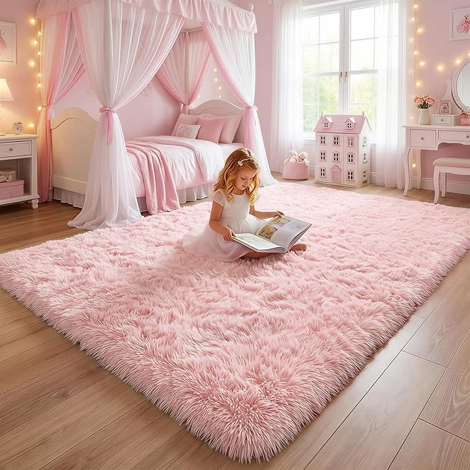 Amdrebio Pink Area Rugs 8x10 for Living Room, Large Fluffy Shag Rug for Bedroom, Kids Room Decor, Big Cute Furry Carpet for Teen Girls, Baby Nursery, Classroom, Soft Fuzzy Cozy Carpets for Playroom