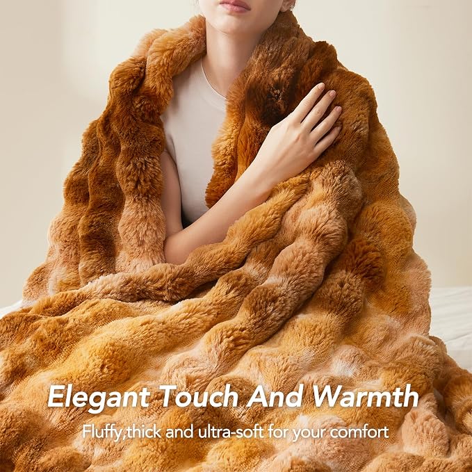 L'AGRATY Faux Fur Throw Blanket for Couch, 60''x80'' Tie-Dye Caramel Brown | Soft Cozy Bubble Fluffy Blanket for Sofa Bed, Thick Warm Plush Fuzzy Throw for Room Home Decor, Luxury Gift for Women Mom