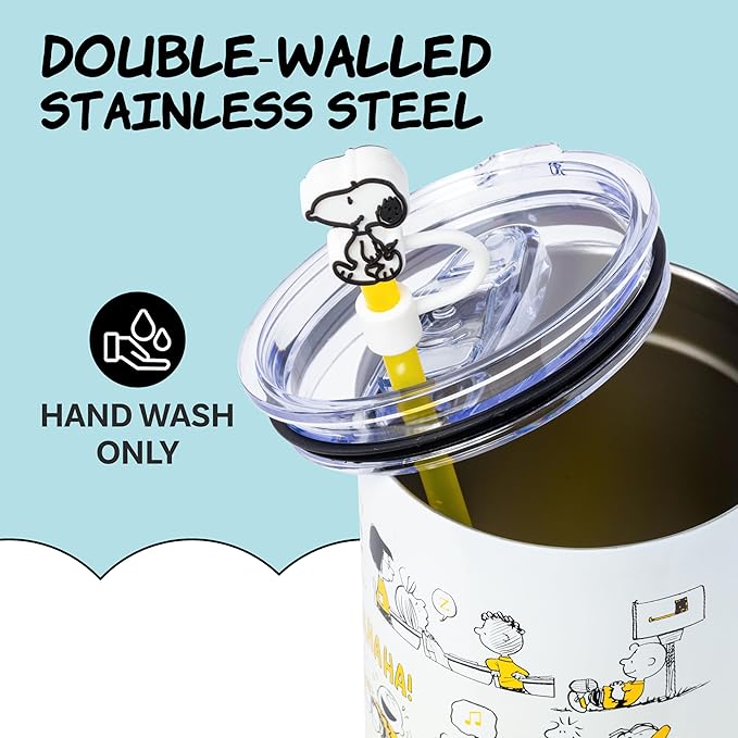 Silver Buffalo Peanuts Featuring Charlie Brown, Snoopy, Woodstock, Lucy, Sally, Linus, and More Stainless Steel Tumbler with Handle and Straw, Fits in Standard Cup Holder, 40 Ounces (Pack of 12)