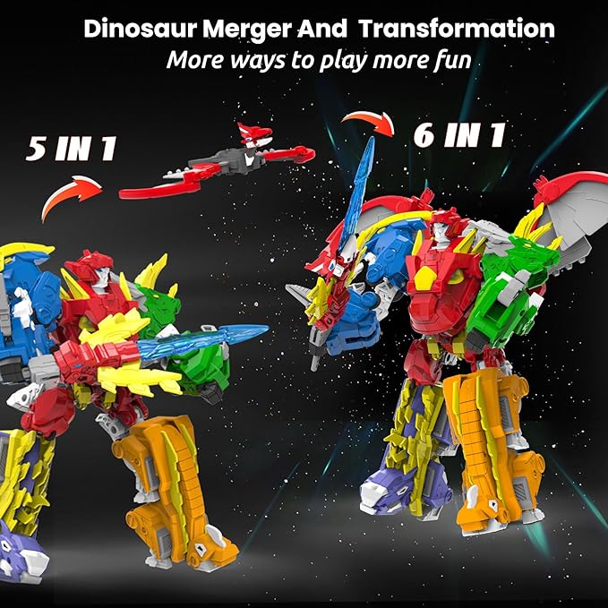 Wenbeier Robot Dinosaur Toy 6-in-1 Transforming Robot Toys Take Apart Toys Including 6 Dinosaur Action Figures with Weapon Deformation for Boys and Girl Ages 6 7 8 9