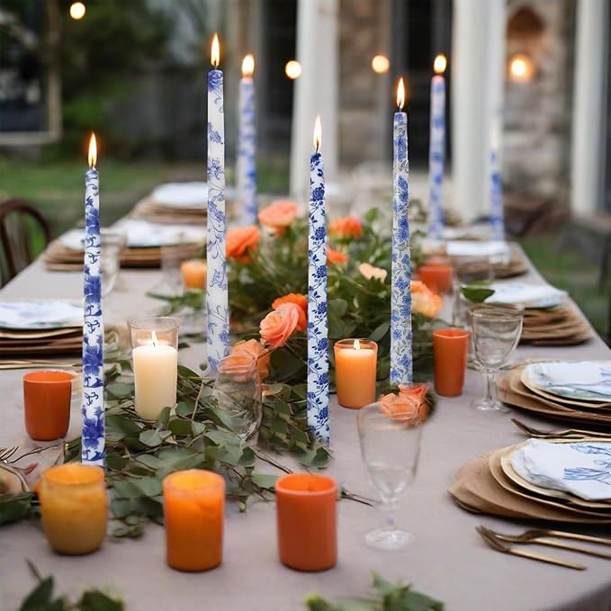 10 inche Floral Candle Sticks Printed Candlestick 4 Pack Blue and White Porcelain Unscented Taper Candle Long Blue Flower Tapered Candles for Home Dinner Wedding Holiday
