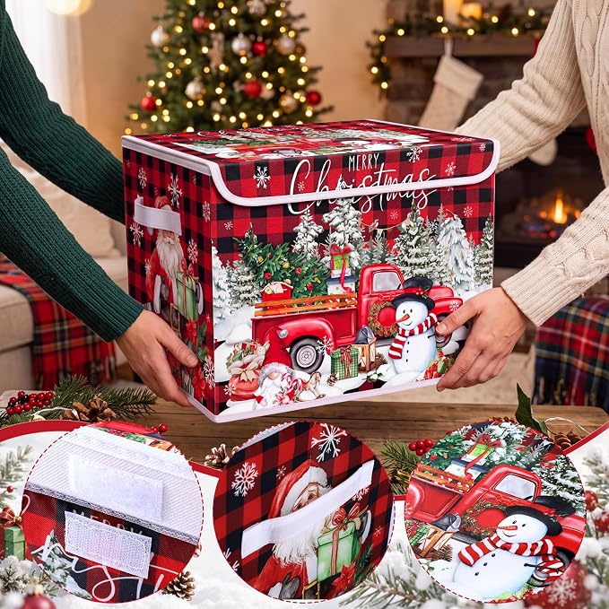 Briwooody Christmas Storage Bin with Lid and Carrying Handle Red Buffalo Plaid Christmas Foldable Storage Box Large Snowman Collapsible Container Basket for Organizing Closet Home Bedroom Xmas Gift
