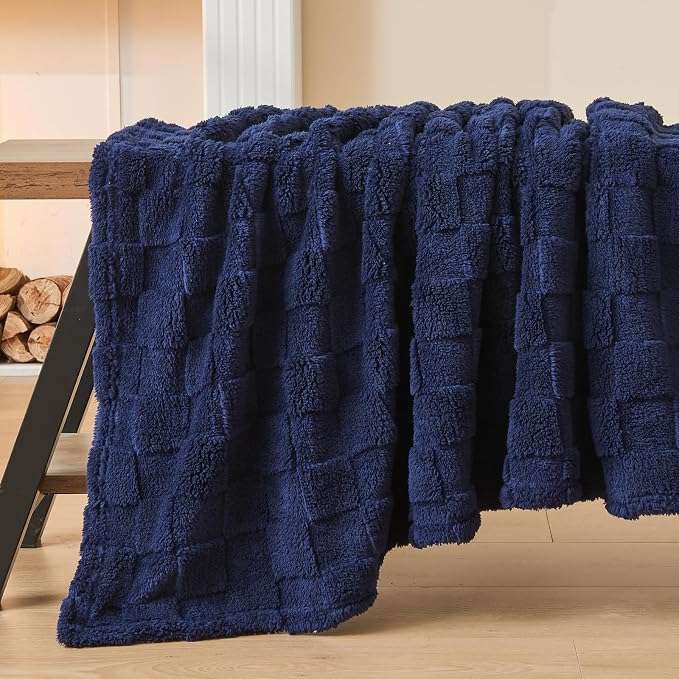 NEWCOSPLAY 3D Checkered Flannel Throw Blanket, Dark Navy, 50"x70" | Super Soft Cute Lightweight Decorative Premium Silky Fleece Blanket for Couch Sofa Bed, Gift for Women Men, All Season Use