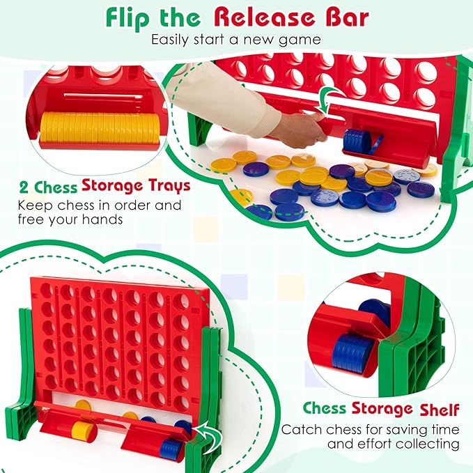 COSTWAY Giant 4 in a Row Game with Storage Carry Bag, Jumbo 4-to-Score Game with Chess, Quick Release Slider for Kids Adults, Indoor Outdoor Backyard, Free-Standing/Wall-mounting (Red&Green)