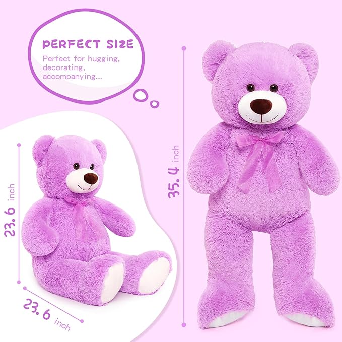 MorisMos Giant Teddy Bear Stuffed Animal 3 ft, 36'' Big Teddy Bear Toy,Lavender Teddy for Girlfriend Valentine's Gift,Large Stuffed Animal for Kid Birthday Christmas Baby Shower,Purple
