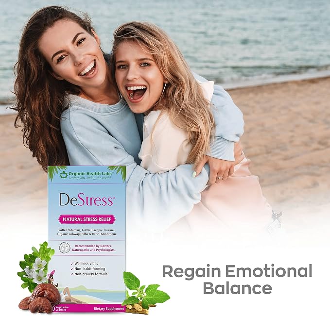 DeStress All-Natural: Veggie Capsules, with B Vitamins, Magnesium, Ashwagandha and L-Theanine Supplement, Anxiety Relief, 30 Veggie Capsules, Stress Relief Supplement Organic Health Labs