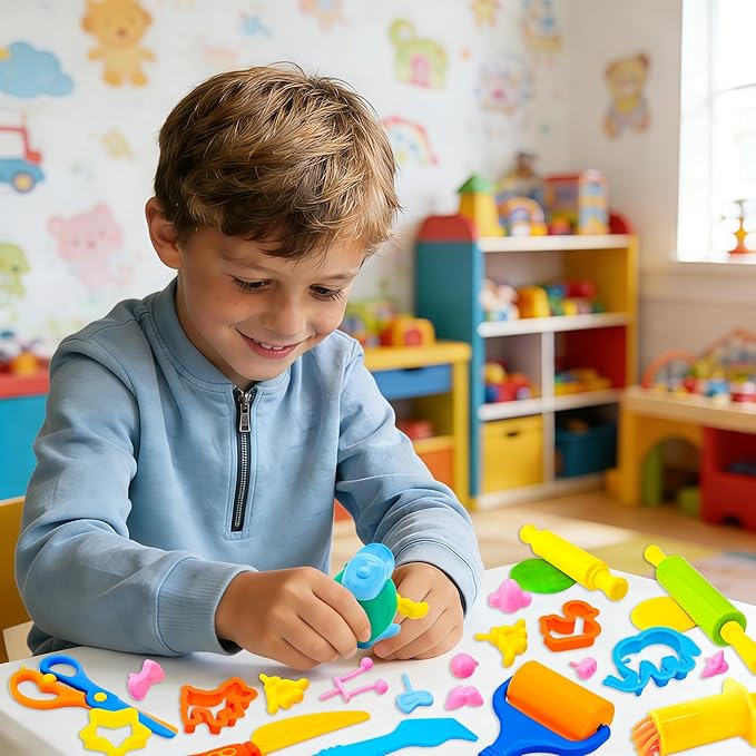 iShyan Dough Tools for Kids,47-Piece Kids Clay and Dough Tool Kit– Includes Roller, Rolling Pins, Cutting Tools, Safe Scissors, Plastic Knife & Dough Character Accessories