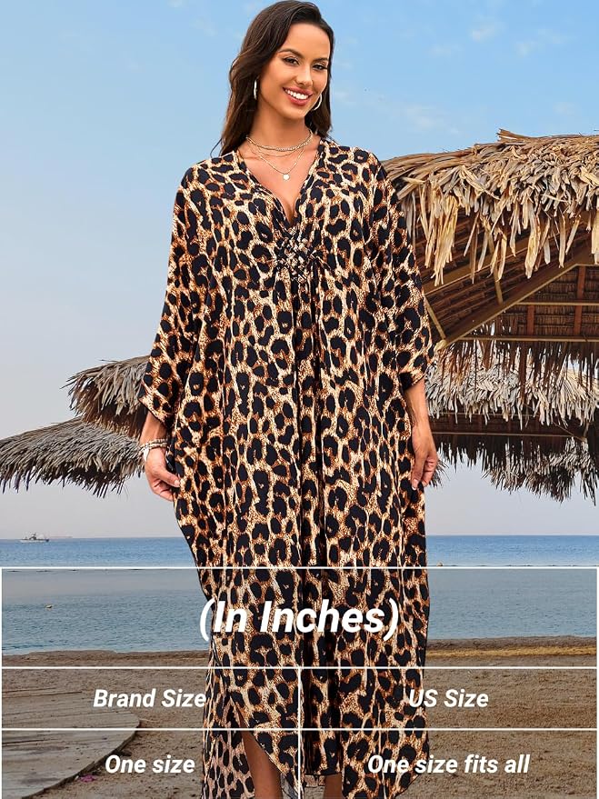 ChiaoLezhee Print Moo-Moos for Women, Kaftan Cover-Up Dresses, Sexy V-Neck High-Slit, Beach Pool-Party Coverups Muumuu Plus