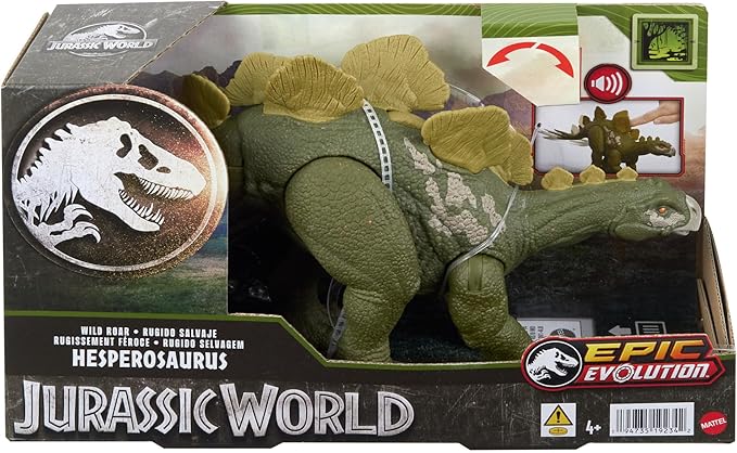 Mattel Jurassic World Wild Roar Dinosaur Toy with Sound & Attack Move, Hesperosaurus Posable Action Figure Includes Digital Play, 11 inches Long