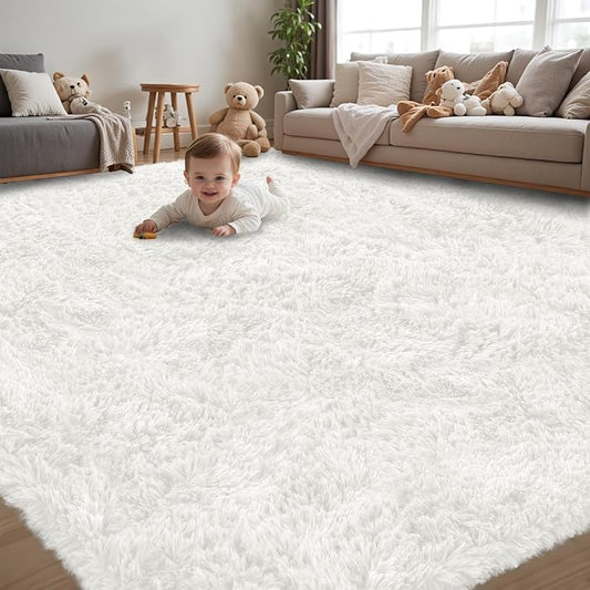 6x9 Area Rug for Living Room:Ultra Soft Fluffy Shag White Rugs,Large Fuzzy Plush Indoor Non Slip Carpet Washable Rug for Bedroom Kids Nursery Office Dorm Modern Decor(White 6'x9')
