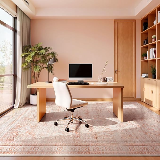 9x12 Area Rugs for Living Room, Pink Washable Non-Slip Large Carpet | Soft Area Rug for Dining Room Home Office Indoor Nursery, Stain Resistant, Low Pile, Foldable Vintage-Style Distressed Rug