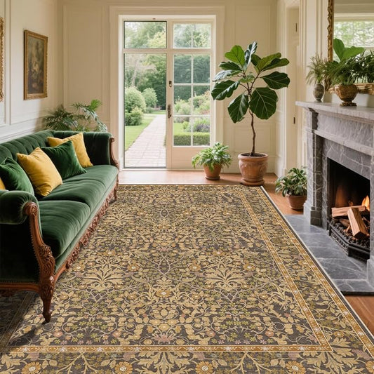 6x9 Washable Area Rugs for Living Room, Stain Resistant Vintage Rugs for Dining Room Under Kitchen Table, Bedroom, Floral Low Pile Non-Slip Large Carpet (6 x 9 Goldenrod)