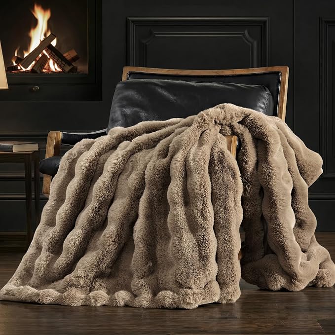 Faux Rabbit Fur Bubble Throw Blanket, 50"x60", Greige | Ultra Soft, Luxury Faux Rabbit Fur Throw, Thick Warm Bubble Blanket, Cozy Fluffy Reversible, for Bed, Couch, Chair, Sofa