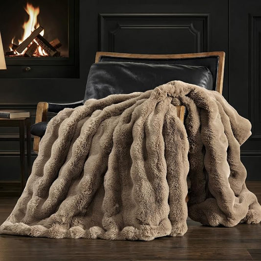 Faux Rabbit Fur Bubble Throw Blanket, 50"x60", Greige | Ultra Soft, Luxury Faux Rabbit Fur Throw, Thick Warm Bubble Blanket, Cozy Fluffy Reversible, for Bed, Couch, Chair, Sofa